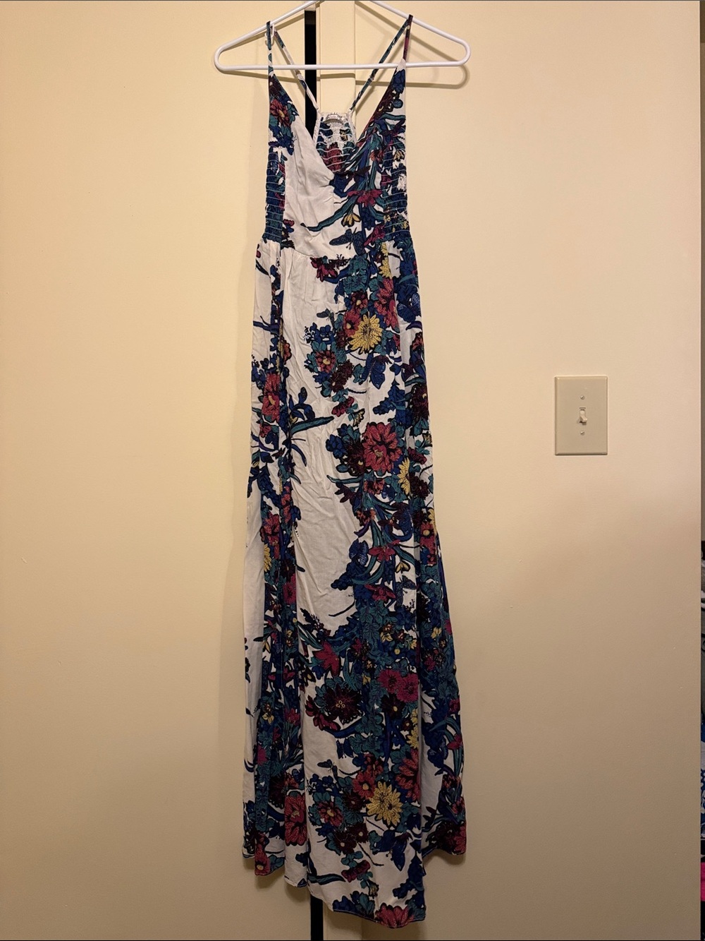 Free People White Maxi Dress with Blue, Pink & Yellow Floral and Butterfly Print